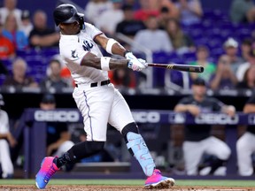 Jorge Soler of the Miami Marlins hits a two-run home run.