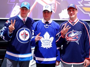 From left: Winnpeg Jets' Patrik Laine, Toronto Maple Leafs' Auston Matthews and Columbus Blue Jackets Pierre-Luc Dubois in 2016.