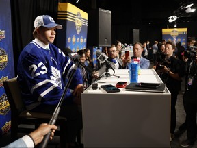 Easton Cowan speaks to the media after being selected by the Maple Leafs with the 28th overall pick during the first round of the 2023 Upper Deck NHL Draft at Bridgestone Arena on June 28 in Nashville, Tenn.