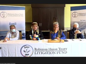 Mike Restoule, left, chair of the Robinson Huron Treaty Litigation Fund, Chief Duke Peltier of Wiikwemkoong, Chief Dean Sayers, Batchewana First Nation and David Nahwegahbow, co-lead counsel for the Robinson Huron Treaty Litigation Fund, are pictured in a screen grab