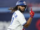 Vladimir Guerrero Jr. of the Toronto Blue Jays celebrates his three-run home run against the Oakland Athletics at the Rogers Center on June 23, 2023 in Toronto. 