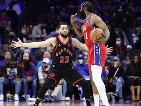Fred VanVleet #23 of the Toronto Raptors guards James Harden #1 of the Philadelphia 76ers during the fourth quarter of Game Two of the Eastern Conference First Round at Wells Fargo Center on April 18, 2022 in Philadelphia, Pennsylvania.