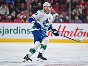 Canucks defenceman Oliver Ekman-Larsson in action against the Montreal Canadiens in a Nov. 9, 2022 NHL game at the Bell Centre in Montreal.