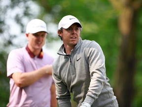 Rory McIlroy of Northern Ireland watches after hitting his first shot on the 16th hole during the second round of the RBC Canadian Open at Oakdale Golf and Country Club on Friday June 9, 2023 in Toronto.