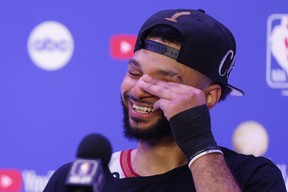 Jamal Murray #27 of the Denver Nuggets speaks with media after a 94-89 victory against the Miami Heat in Game Five of the 2023 NBA Finals to win the NBA Championship at Ball Arena on June 12, 2023 in Denver, Colorado. (Photo by Justin Edmonds/Getty Images)