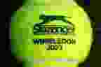 A detailed view of a Slazenger Wimbledon 2023 tennis ball is seen ahead of The Championships - Wimbledon 2023 at All England Lawn Tennis and Croquet Club on June 30, 2023 in London.  