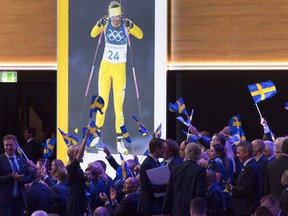 FILE - Stockholm-Are delegation members celebrate during the presentation final presentation of the Stockholm-Are candidate cities the first day of the 134th Session of the International Olympic Committee (IOC), at the SwissTech Convention Centre, in Lausanne, on June 24, 2019. Sweden is moving closer to a ninth bid to host the Winter Olympics for the first time in what's shaping up to be a race for the 2030 Games with only one obvious candidate. Swedish sports officials say there's a desire for the Nordic country to stage the Olympics following a four-month feasibility study.