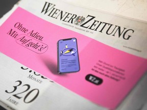 The last edition of the 'Wiener Zeitung', one of the world's oldest newspapers has a banderole indicating the change to the online version of the newspaper in Vienna on June 29, 2023.