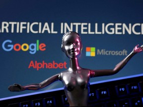 Illustration shows Google, Microsoft and Alphabet logos and AI Artificial Intelligence words