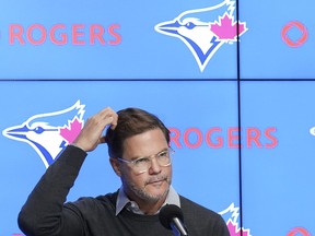 Ross Atkins, Toronto Blue Jays general manager, speaks to the media at the year-end press conference in 2022.