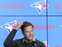 Ross Atkins, Toronto Blue Jays general manager, speaks to the media at the year-end press conference in 2022.