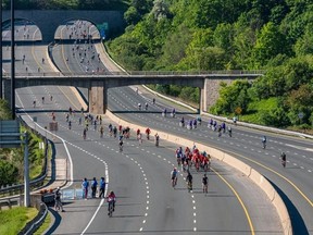 Cyclists on the Don Valley Parkway in Toronto.
