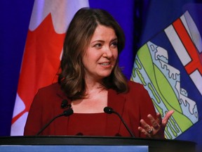 Alberta Premier Danielle Smith speaks during a Calgary Chamber of Commerce luncheon at the Hyatt Regency hotel in Calgary on Thursday, June 29, 2023.