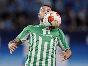 Betis' Aitor Ruibal in action during the European League round of 16 first leg play-off soccer match between Zenit and Betis at the Gazprom Arena in St. Petersburg, Russia, Thursday, Feb. 17, 2021.