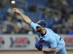 Toronto Blue Jays relief pitcher Anthony Bass against the Tampa Bay Rays during the seventh inning of a baseball game Wednesday, May 24, 2023, in St. Petersburg, Fla.