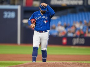 Blue Jays starting pitcher Alek Manoah reacts on the mound while playing against the Houston Astros in Toronto on Monday, June 5, 2023. The Jays are sending Manoah down to the minors after his latest disappointing start.