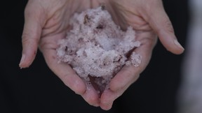 Jana Brough observes pink-hued snow gathered in her hand at Tony Grove Lake near Logan, Utah on Wednesday, June 28, 2023.