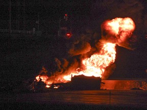 Fiery crash has left two dead on Highway 401 at Brock Rd. in Pickering.