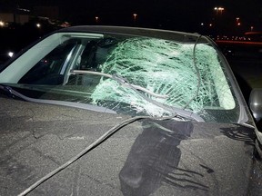 The damage caused to a car after it was hit by a tire on Hwy. 401 near Dixon Rd. on June 8, 2023.