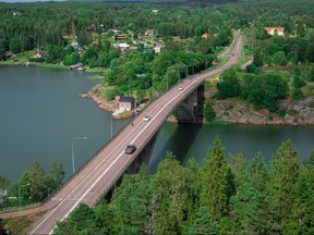 vehicles travel over the Farjsundsbron bridge in the Aaland Islands, Finland