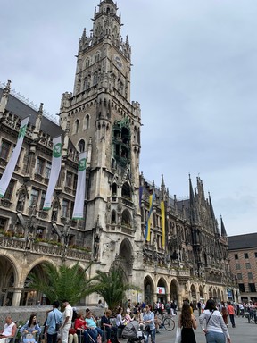 Rathaus (City Hall) at main square Marienplatz with the carillon tower.