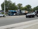 The aftermath of a multi-vehicle crash on Derry Rd., just west of Rexwood Rd., in Mississauga on Thursday, June 8, 2023.