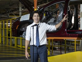 Prime Minister Justin Trudea speaks at car manufacturing plant