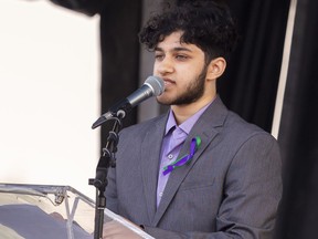 Afzaal relative Esa Islam speaks at a memorial service to mark two years since the fatal hit-and-run that killed four members of the family. Photo taken on June 6, 2023. Mike Hensen/The London Free Press