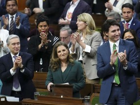 Deputy Prime Minister and Minister of Finance Chrystia Freeland receives applause as she delivers the federal budget in the House of Commons
