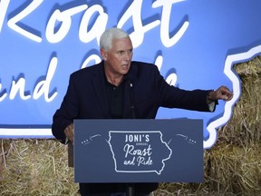 Former U.S. Vice President Mike Pence speaks to guests during the Joni Ernst's Roast and Ride event in Des Moines, Iowa, Saturday, June 3, 2023.
