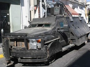 In this photo shared on Wikipedia, a "Monsturo 2010" vehicle featuring a turret was captured by Mexican authorities in Jalisco
