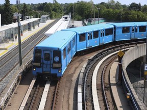 A Scarborough LRT train is seen leaving Kennedy Station and heading north on Monday, June 19, 2023.