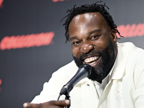 Baron Davis, NBA All-Star, speaks at a press conference during day two of Collision 2023 at Enercare Centre in Toronto.