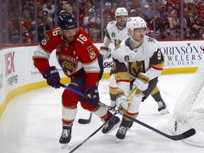 Aleksander Barkov, left, of the Florida Panthers skates against Jack Eichel, right, of the Vegas Golden Knights during Game Four of the 2023 NHL Stanley Cup Final at FLA Live Arena in Sunrise, Fla., June 10, 2023.