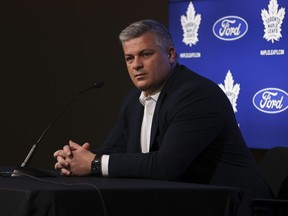 Maple Leafs head coach Sheldon Keefe speaks at the podium in Toronto on Monday, May 15, 2023.