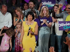 Olivia Chow celebrates her win at an election night event.