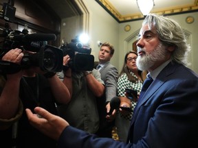 Heritage Minister Pablo Rodriguez speaks to media as he leaves a caucus meeting on Parliament Hill, in Ottawa, Wednesday, June 14, 2023.