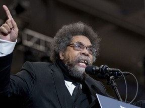 Harvard Professor Cornel West speaks at a campaign rally for Democratic presidential candidate Sen. Bernie Sanders