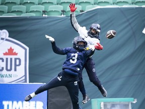 Toronto Argonauts defensive back Jamal Peters breaks up a pass intended for wide receiver Dejon Brissett during a practice in Regina, Friday, Nov. 18, 2022. Peters is back with the double blue. The Toronto Argonauts announced Monday they have signed the 2022 CFL all-star.