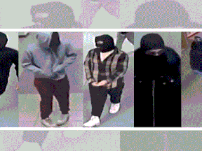 Hamiton Police have released photos and descriptions of five suspects. Fom left are suspects one to five wanted in a break--and-enter at Bishop Tonnos Catholic High School on March 31.