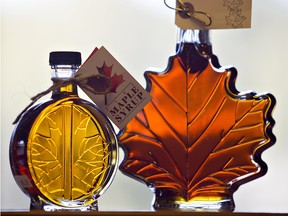 A variety of bottle designs and sizes of pure maple syrup