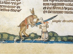 A rabbit executes a hunter in the Smithfield Decretals manuscript, decorated in London in the 1340s. Photo from British Library