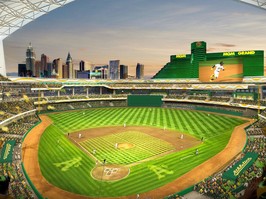 This rendering provided by the Oakland Athletics on May 26, 2023, shows a view of their proposed new ballpark at the Tropicana site in Las Vegas.