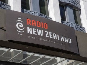 Signage is displayed on the Radio New Zealand building in Wellington, New Zealand, March 7, 2022.