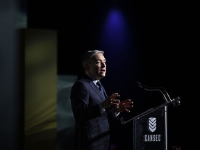 Industry Minister François-Philippe Champagne delivers a keynote address at the CANSEC trade show, in Ottawa, Thursday, June 1, 2023.