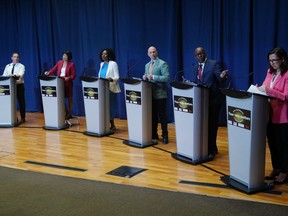 Toronto mayoral candidates Josh Matlow, left to right, Olivia Chow, Mitzie Hunter, Brad Bradford, Mark Saunders and Ana Bailao take the stage at a mayoral debate in Scarborough, Ont. on Wednesday, May 24, 2023.