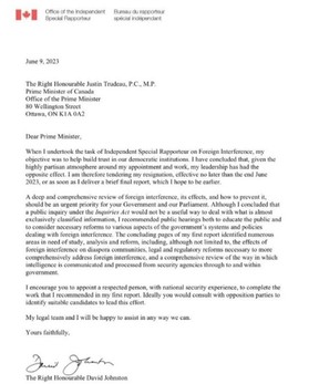 David Johnston's resignation letter to Prime Minister Justin Trudeau.