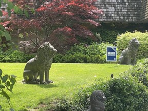 Mark Saunders campaign sign for mayor sitting between two lions on Doug Ford's lawn