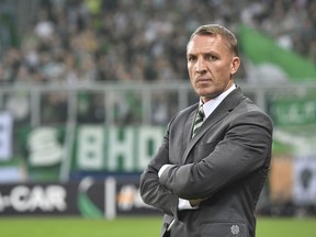 FILE - Celtic manager Brendan Rodgers looks on, during the Europa League group B soccer match between FC Salzburg and Celtic FC in the Arena in Salzburg, Austria, Thursday, Oct. 4, 2018. Rodgers has secured a return to Celtic, 4 1/2 years after leaving the Scottish champions in the middle of the season to take charge of English club Leicester. The appointment of Rodgers was announced on Monday, June 19, 2023, amid some misgivings from Celtic fans at the way he left in February 2019 -- just when the team was on course to win the Scottish title.