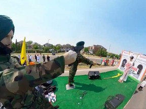 This screen grab of a video posted on Twitter shows a parade float in Brampton that apparently portrays the assassination of India's prime minister Indira Gandhi in 1984